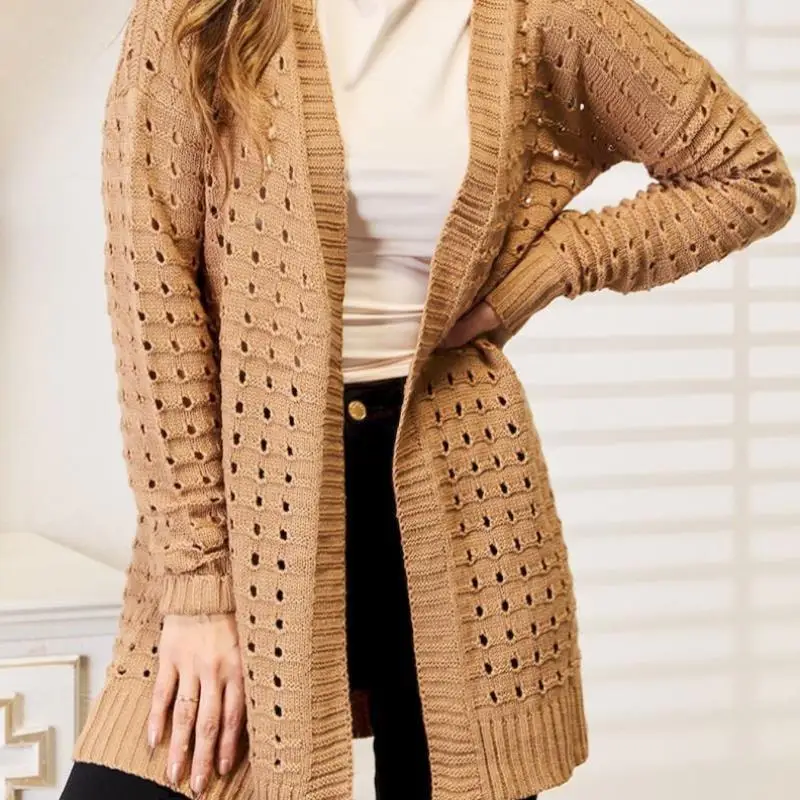 

Women's Long Knitted Cardigan Hollow out Design Winter Fashion Silk Material Ladies' Premium Clothing Cross-Border Item