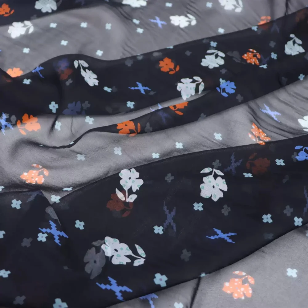 Breathable Pixel Small Flower Print Soft Regular Silk Georgette Fabric Light Weight for Boy Kids Wife Dress Cloth Garment Kimono