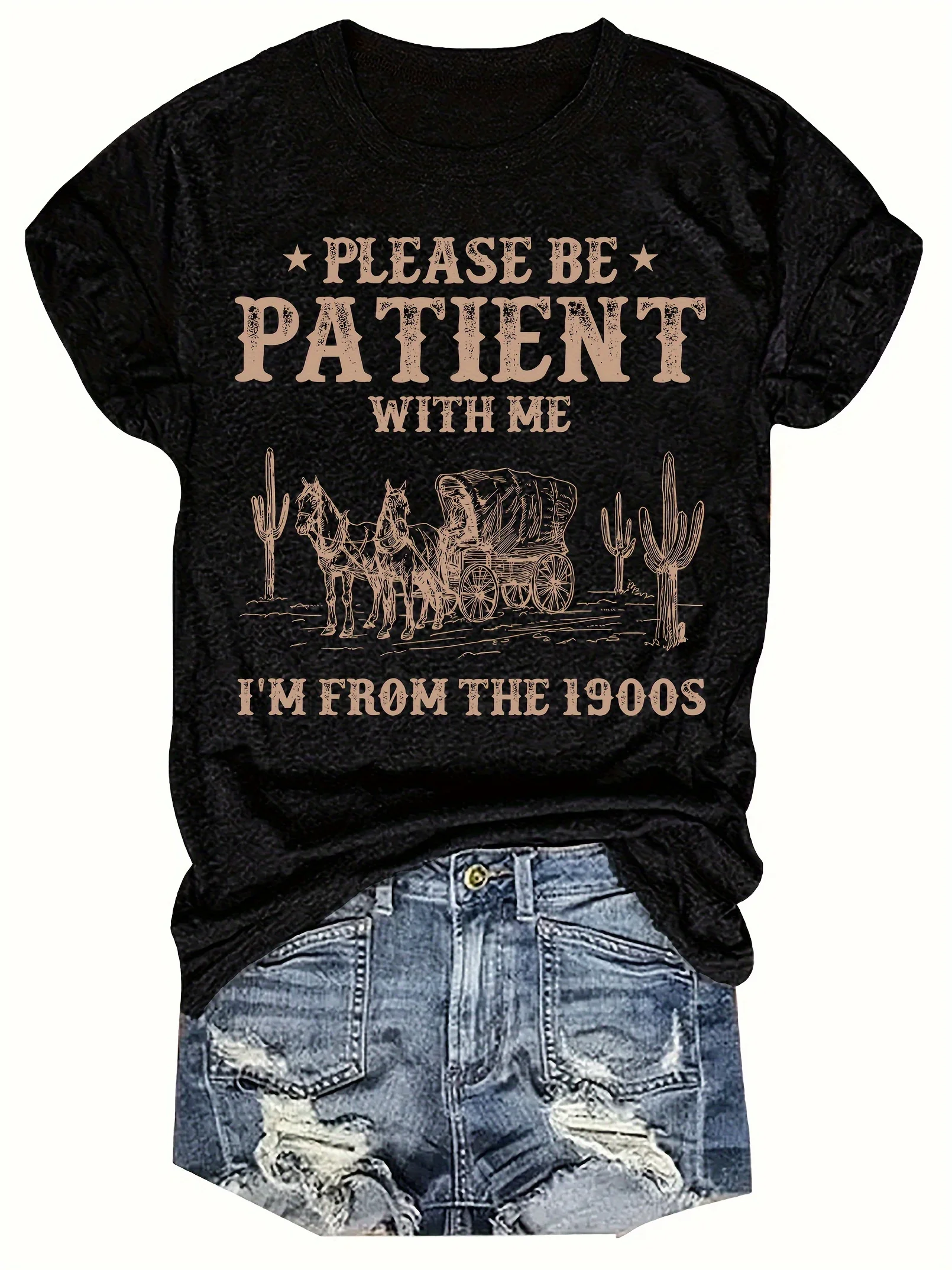 Please Be Patient With Me Women's Tee - Vintage 1900s Western Cactus Graphic White Top