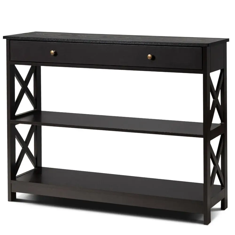 3-Tier Console Table X-Design Sofa Entryway Table with Drawer & Shelves