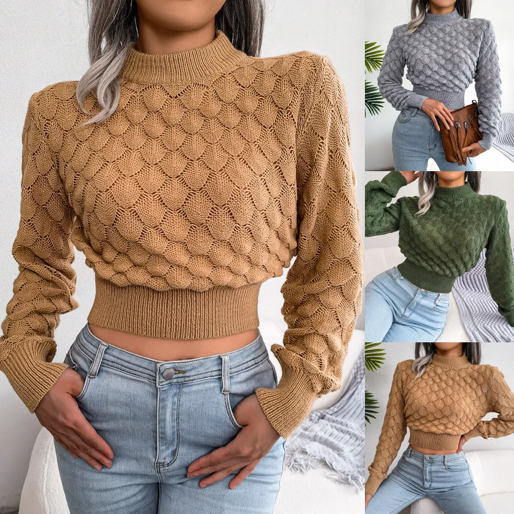 

Autumn Winter Long Sve Crop Top Knitted Sweater 3D Diamond Pattern Belly Baring Women's Faion Cross-Border round Ne La...