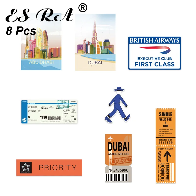 Stickers 8 Pcs/Set City travel Stickers DubaI Pegatinas Abu Dhabi Decals Vinyl Suicase Laptop Skateboard Guitar Deco