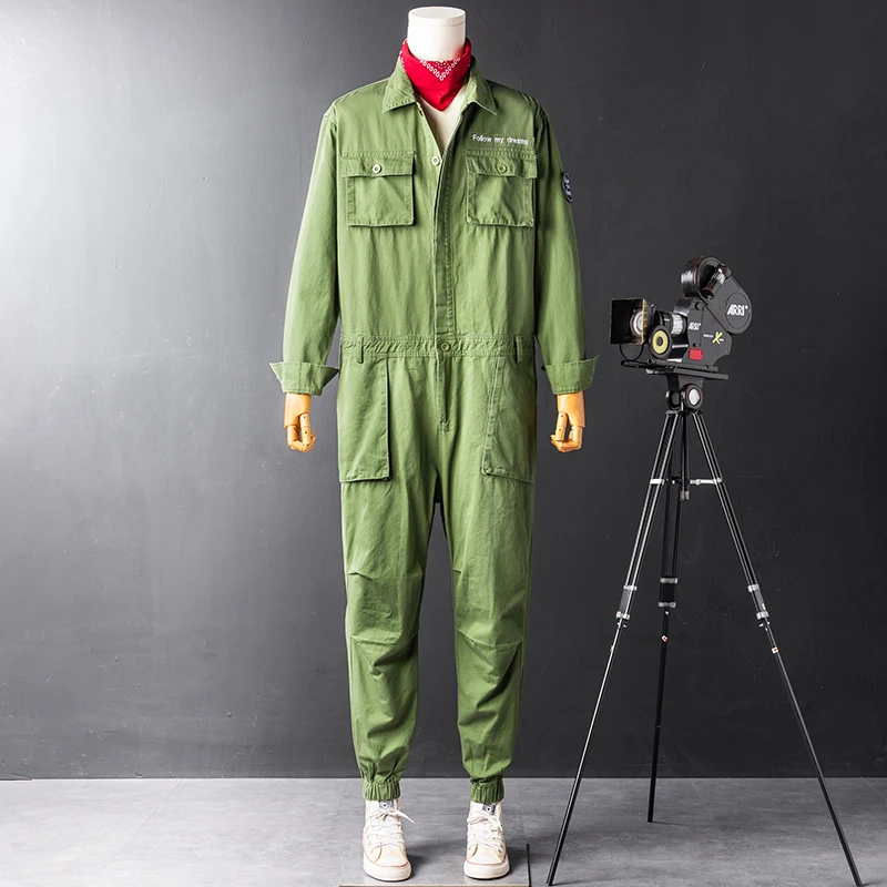 

Retro Japanese Sle Casual Overalls Men's Workwear One-Piece Suit Set Bar Work orm Loose Fit Long Pants Youthful Energy