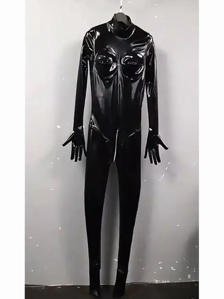 Catsuit em formato de peito molhado, pvc, dedo separado, bodystocking, couro pu brilhante, 3 zíperes, virilha aberta, collant