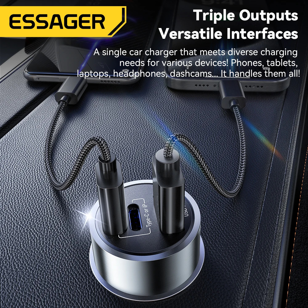 Essager 45W Car Charger Fast Charging PPS PD3.0 Fast Type C Car Phone Charger for iPhone 15 14 13 12 Samsung S23 S22 Xiaomi POCO