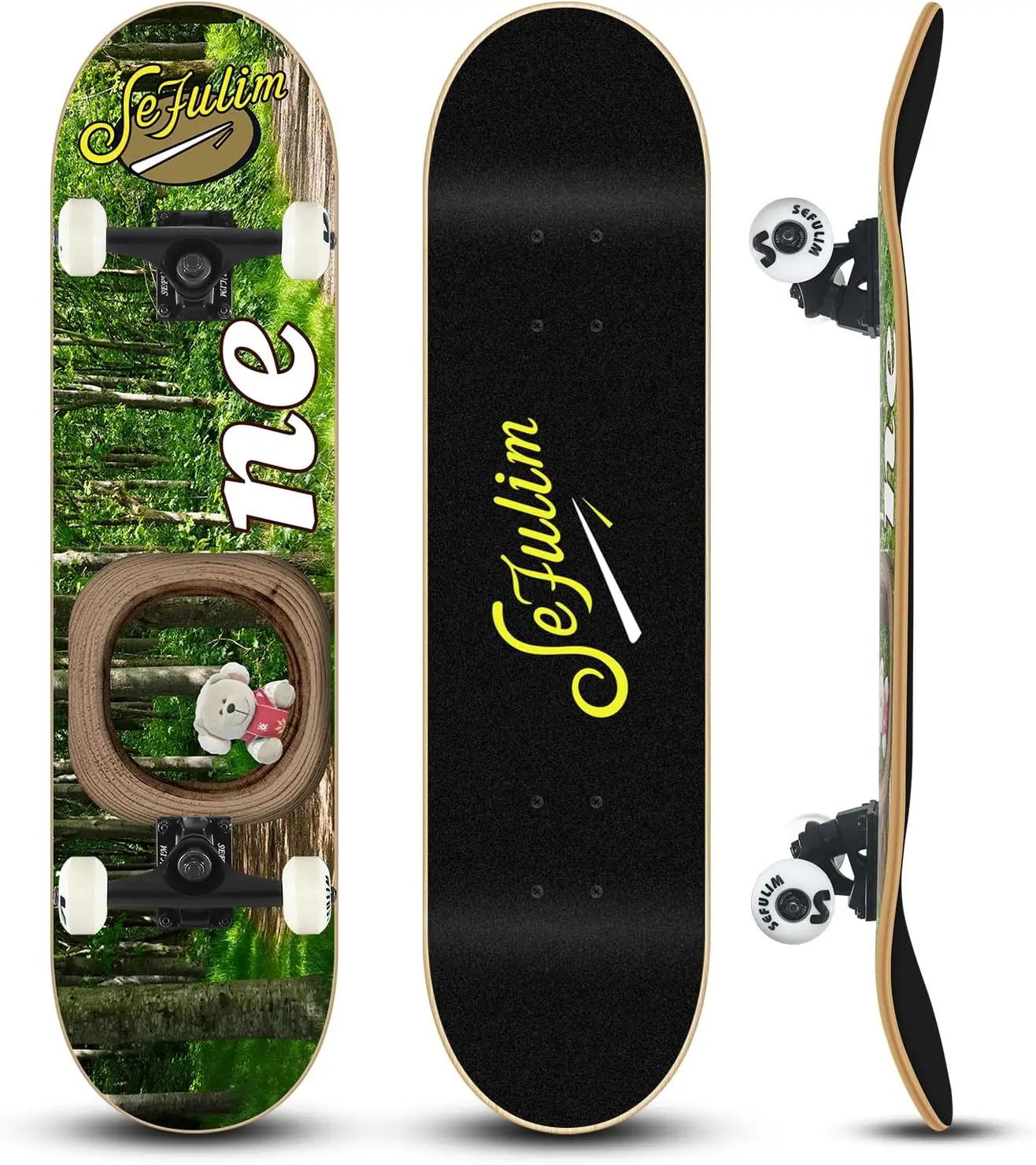 Sefulim 31 x 8 Inch Complete Skateboard 7 Layer Canadian Maple Double Kick Deck Concave Cruiser Trick Skateboard for Boys Girls