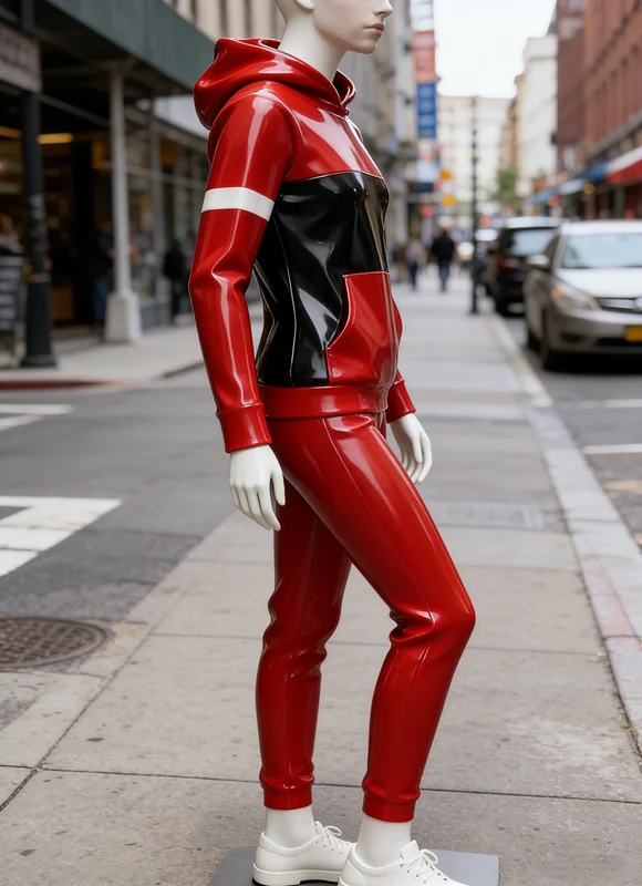 

Glossy Latex Catsuit Tracksuit Set – Two-Tone Hoodie & Joggers for Streetwear & Club Night