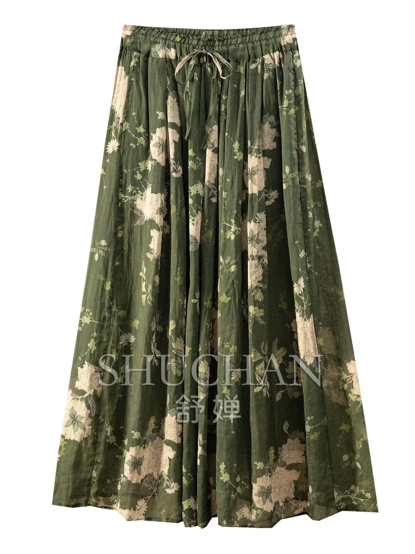Literary and Artistic Long Skirt French Retro Floral 100 Ramie Elastic High-waisted Skirt  Women 54W7