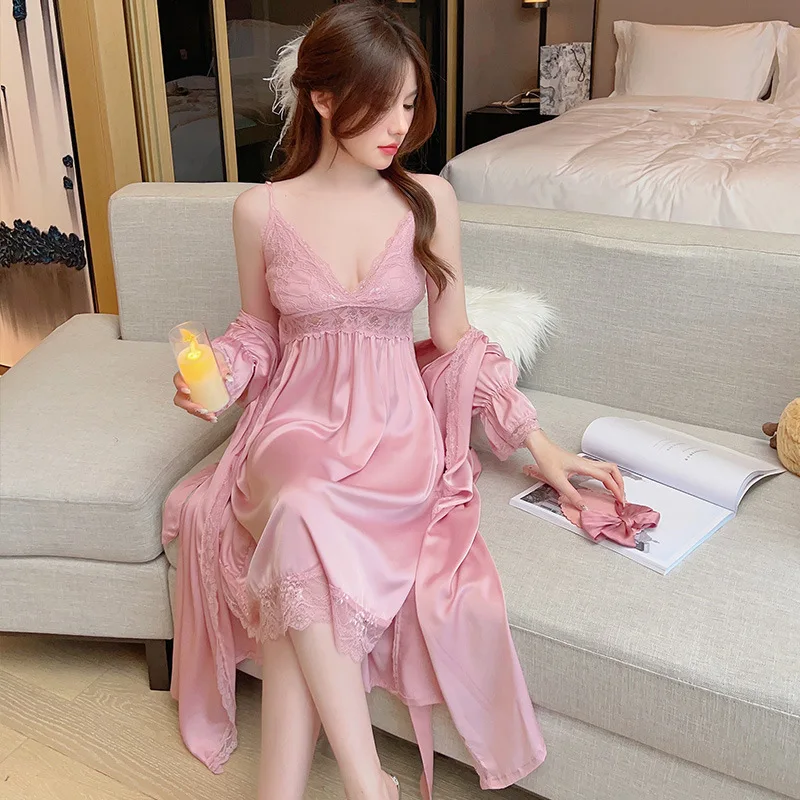 Robes Set for Women Satin Bride Wedding Kimono Bathrobe Gown Sexy Lace Patchwork Lingerie V-Neck Nightgown Sleepwear Loungewear