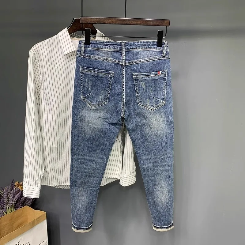 Men's Retro Embroidered Slim-fit Stretch Ankle 9-point Denim Pants Jeans