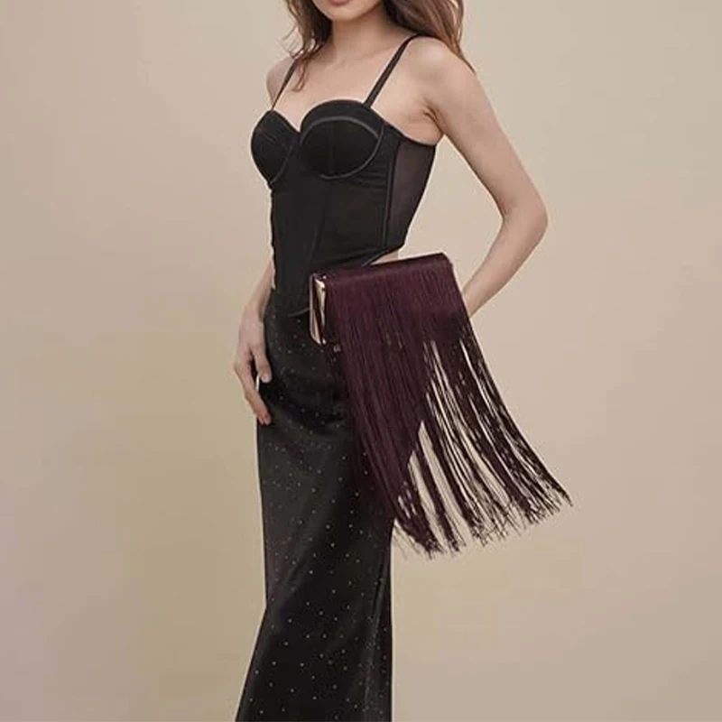 Clutch Purses for Women Tassel Evening Bag with Chain Lady Vintage Luxury Burgundy Clutch Handbag for Wedding Party Prom