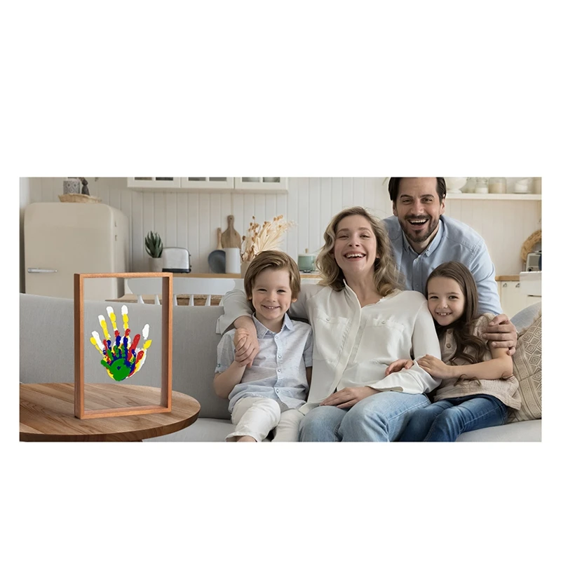 Kit d'Empreinte de Main Familiale Transparente, Cadeau pour les Nouveaux Parents, Création d'Artisanat Durable, Cadre en Bois Keepplex, Document de Peinture Inclus