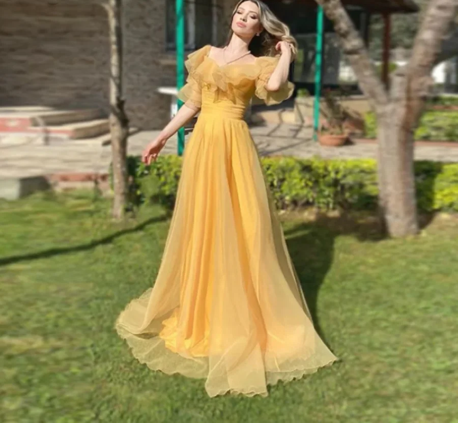 Othray Boho 2022 A Line Short Ruffles Sleeves Princess Party Gowns Floor Length Vintage Yellow Square Neck Tulle Prom Dresses