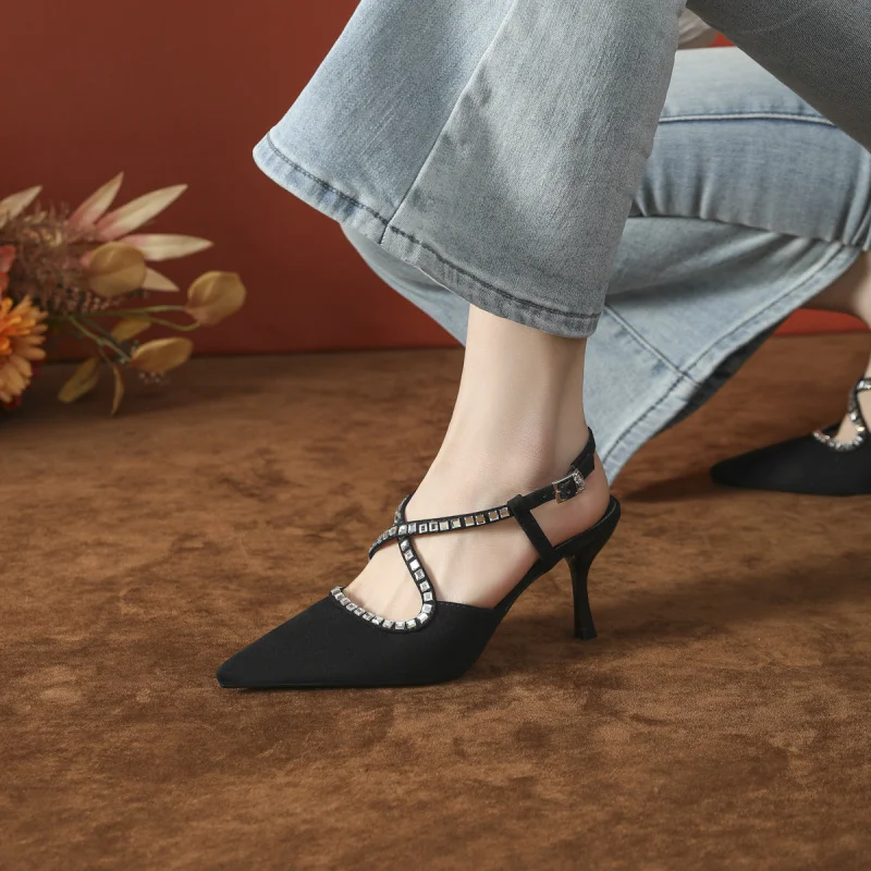 

French-style pointed-toe women's shoes with a unique design New suede rhinestone strap high-heeled sandals with stiletto heel