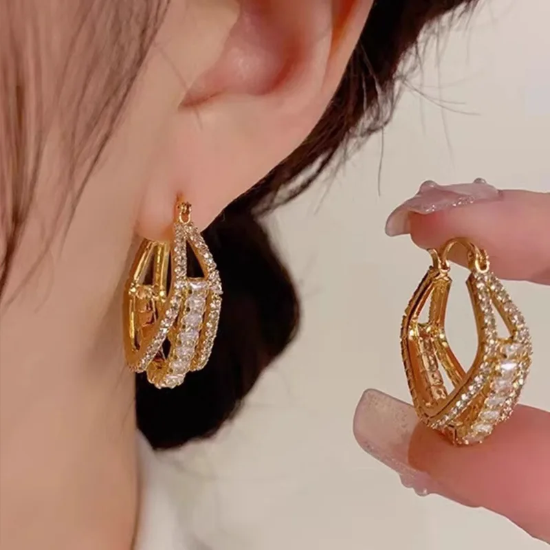 

Earrings unique design sense geometric square full zirconium ear buckle light luxury versatile design sense earrings