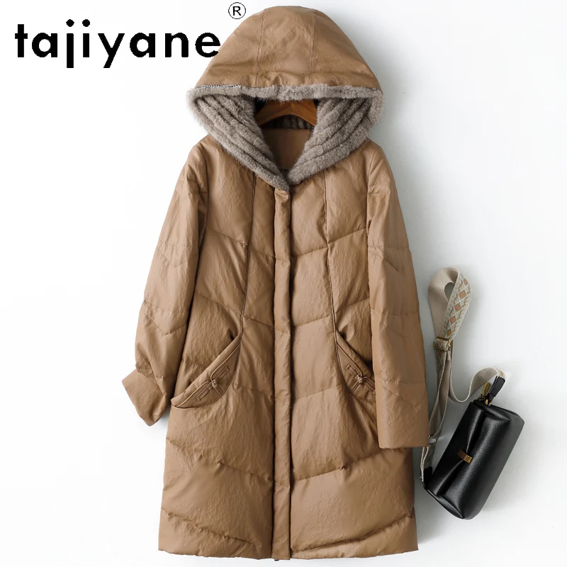 TAJIYANE 100% 최고급 양가죽 구스다운 코트 중간 길이 진짜 가죽 패딩 재킷 여성용 밍크 퍼 모자 2025 겨울