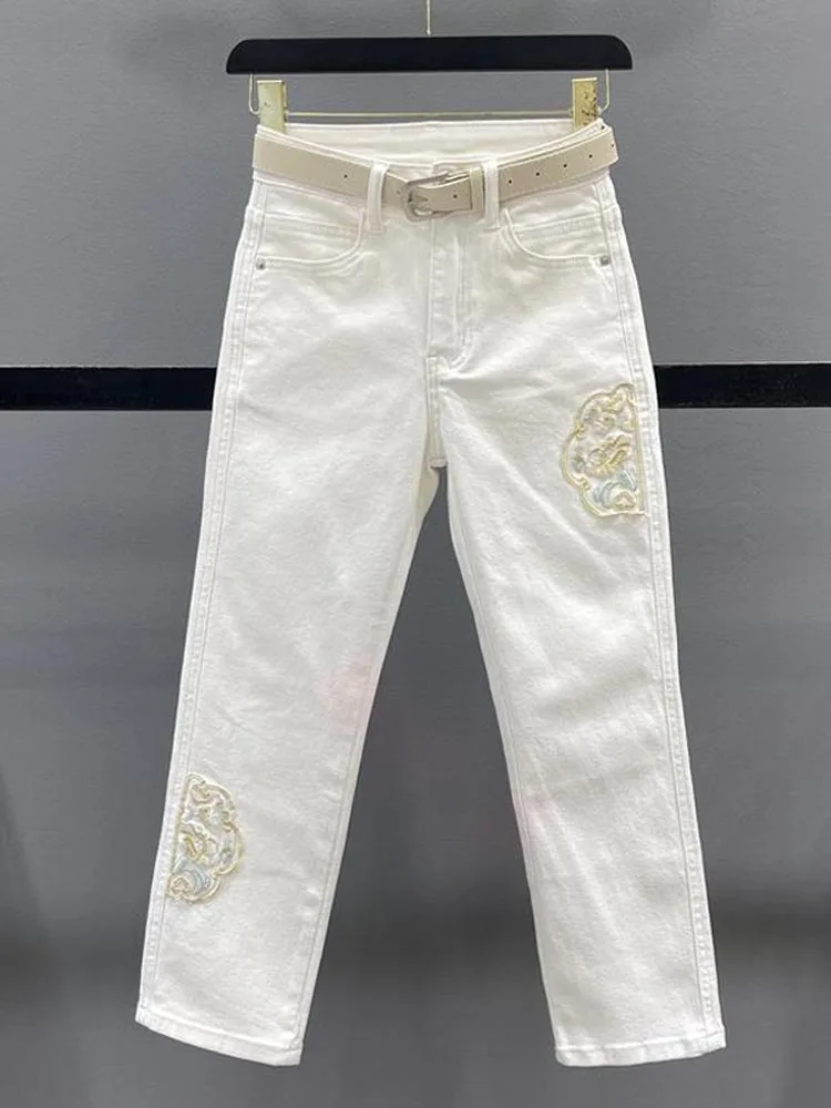 

Прямые джинсы с высокой талией, женские джинсовые джинсы с вышивкой, облегающие джинсы с девятью зубцами, весна-лето, новый китайский национальный тренд