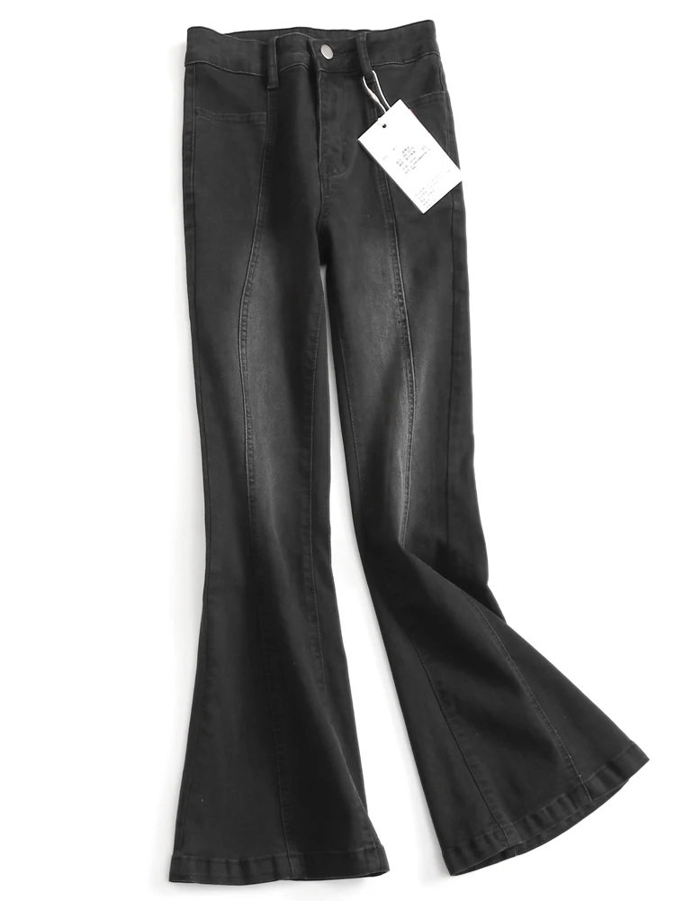 High Waist Stretchy Denim Jeans Women's Fall 2023 New Small Size Floor-Length Tight Micro Flared Pants Cotton Elastic Denim
