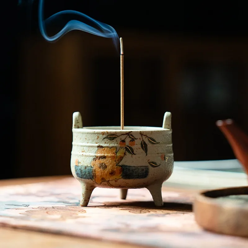 New Chinese Hand-Painted Ceramic Incense Burner Cat Orange Cat with Persimmon DesignCenser Home Fragrance Decor Aromatherapy