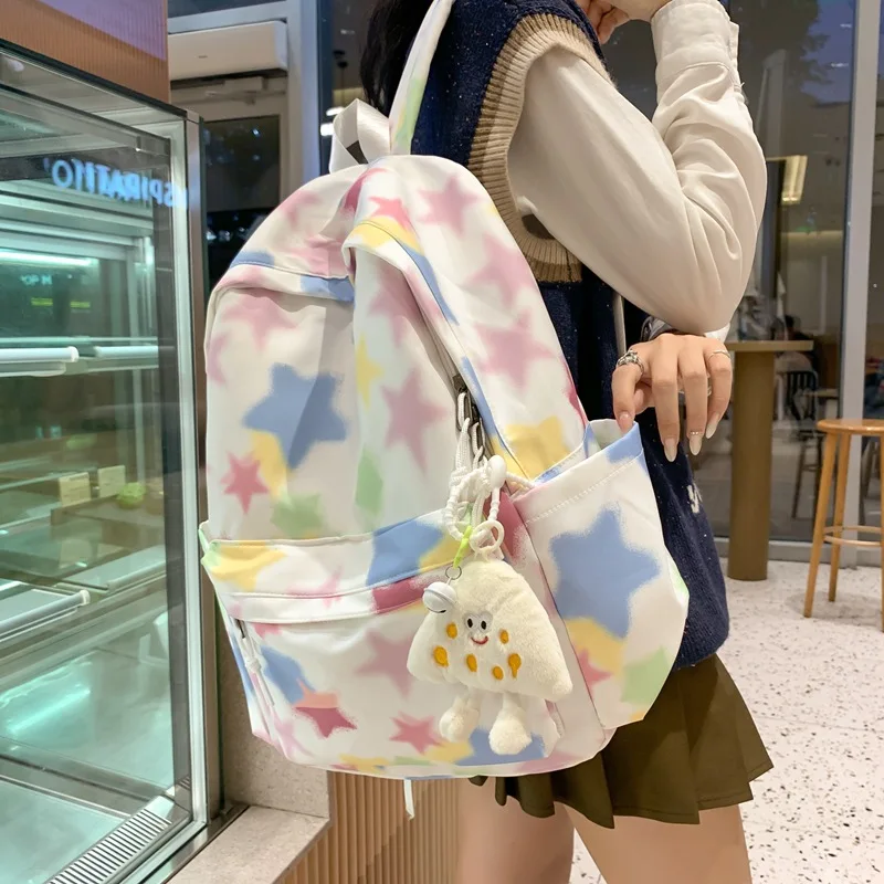 حقيبة مدرسية للطالبات الجامعيات في المدرسة الثانوية في الحرم الجامعي، حقيبة كتف مخططة بألوان قوس قزح #2