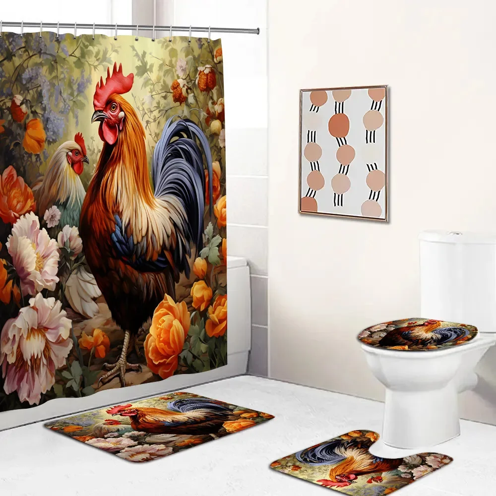 Chicken Hen Shower Curtain Set Poultry Fowl Farmhouse Countryside Bathroom Decor Rustic Bath Mat Home Carpet Toilet Lid Cover