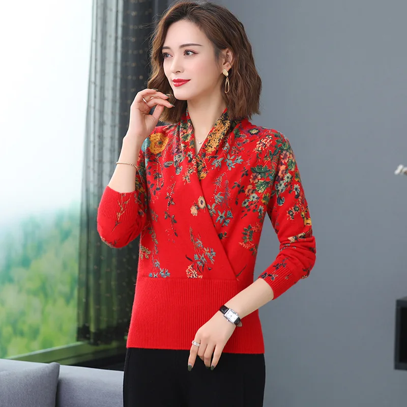 

Свитер с принтом больших размеров, женский вязаный шерстяной свитер, осень-зима 2023, новый стиль, базовая рубашка для мам среднего возраста