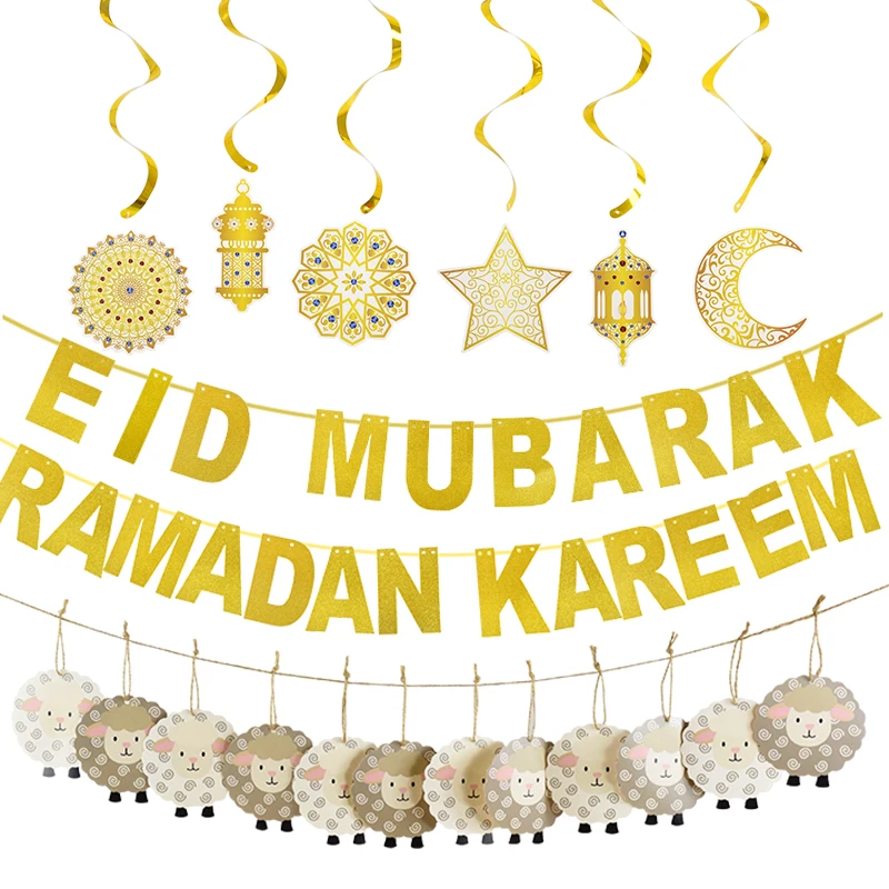 EID Mubarak Banner Glitter Star Moon Swirl Bunting Garland Sheep Hanging Ornament Islamic Muslim Party Ramadan Kareem Decoration