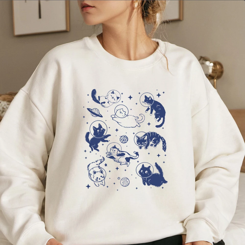Vintage Cats in Space Sweatshirt Funny Cat Crewneck Cute Cats Graphic Shirt Cat Mom Long Sleeves Sweatshirts Cat Lover Gift