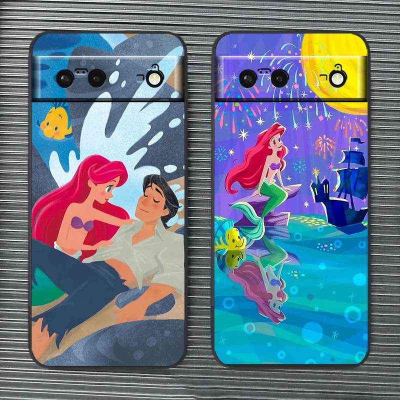 Disney Mermaid Princess Cartoon For Google Pixel 9 8 7A 7 6A 6 5A 5 4 4A XL 5G Black Silicon Shockproof Shell TPU Phone Case