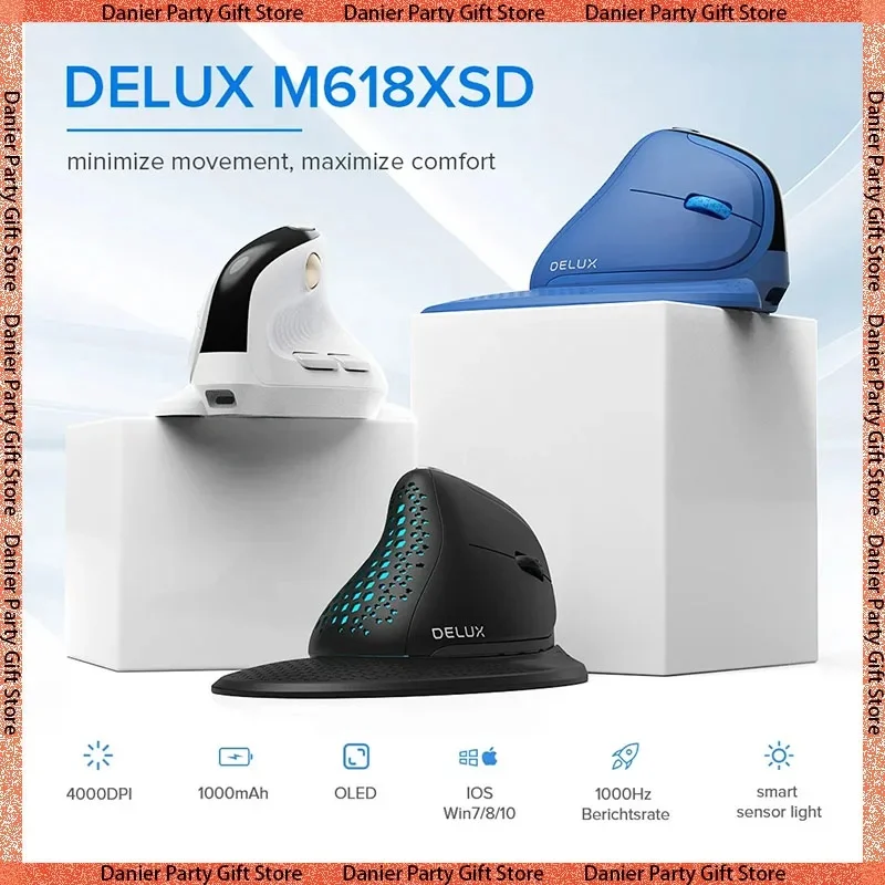 

Delux M618xsd Ergonomic Vertical Mouse Oled Screen 4000dpi Rechargeable 1000ma Sensing Light Effect