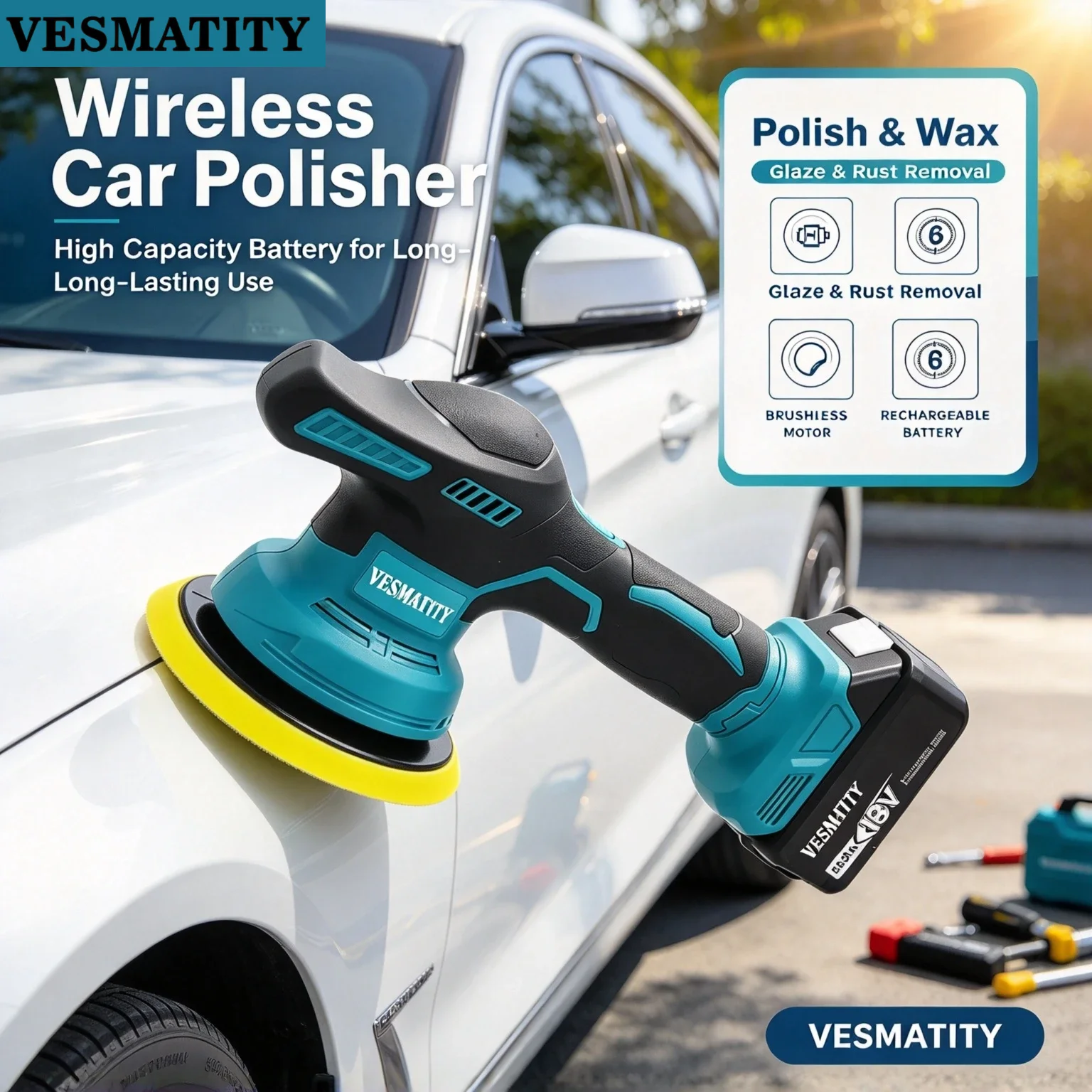 Vesmatity Car Polisher 18V 20V Battery Adjustable Speed Cordless Electric Waxing Sealing Glaze Max Pro Plus Unit Plus