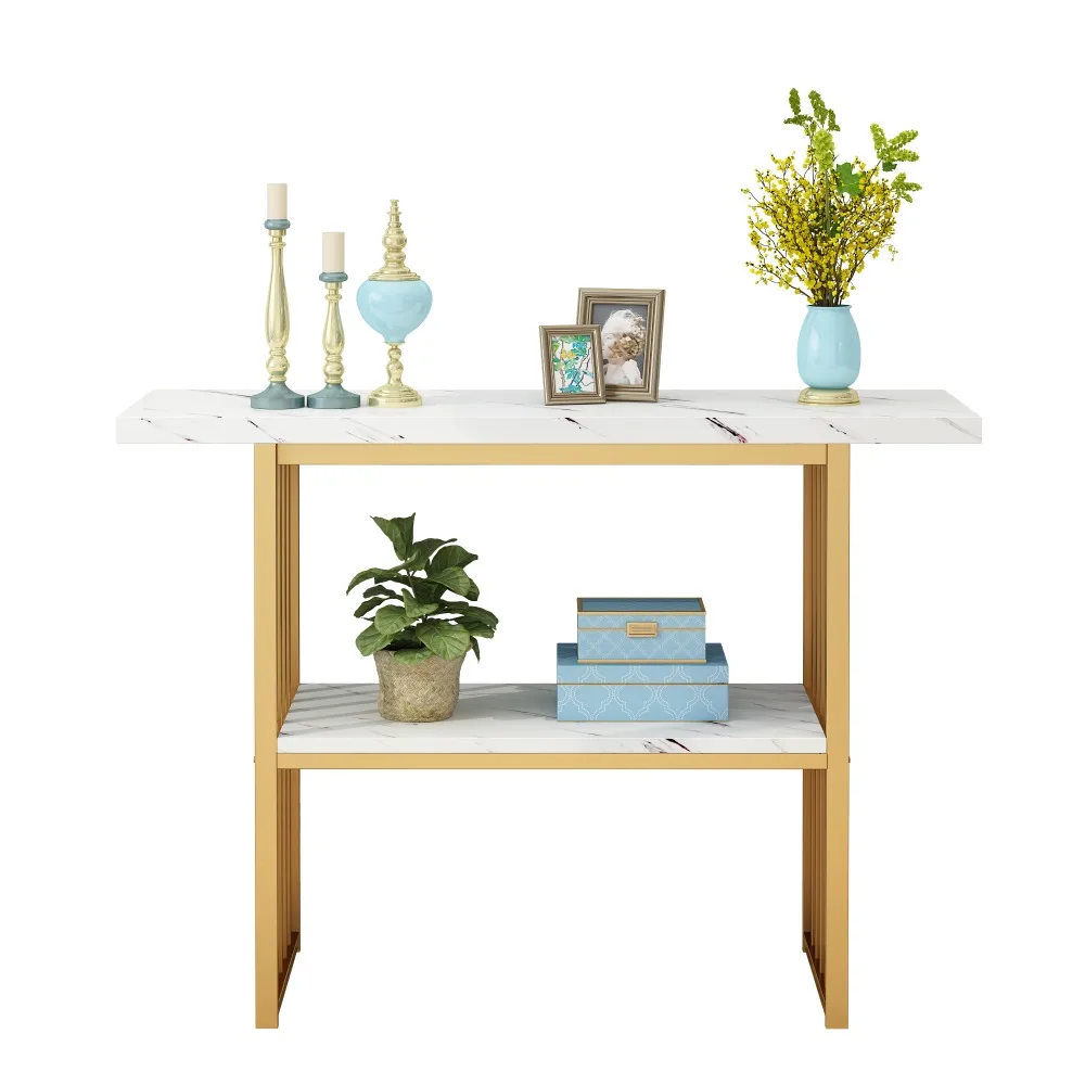 

42-Inch Console/Accent Table with Geometric Metal Legs, Faux Marble Narrow Wood Sofa,(Gold & White), Console Tables
