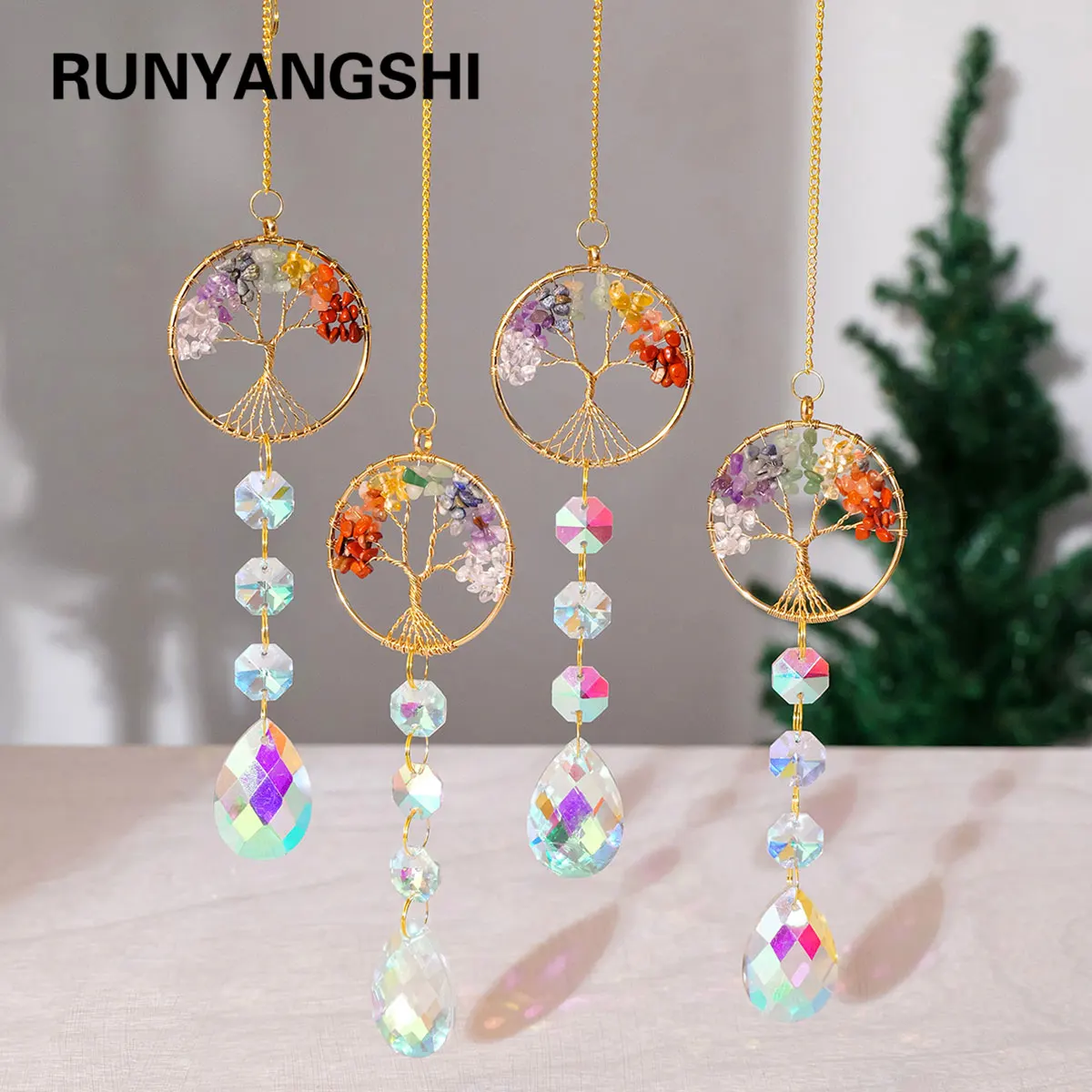1PC Natural Colorful Crystal Gravel Tree of Life Sun Catcher Car Pendant Hanging DIY Wind Chime indow Drop Bell Home Decor
