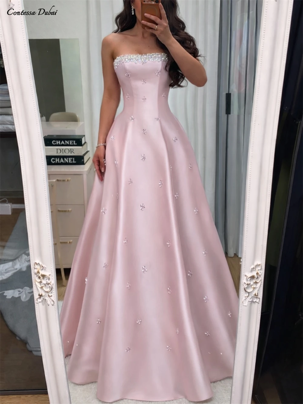 Contessa Customized Strapless Crystal Beaded Neckline Luxury Evening Dress French Robes De Soirée Floor Length A Line Ball Gown