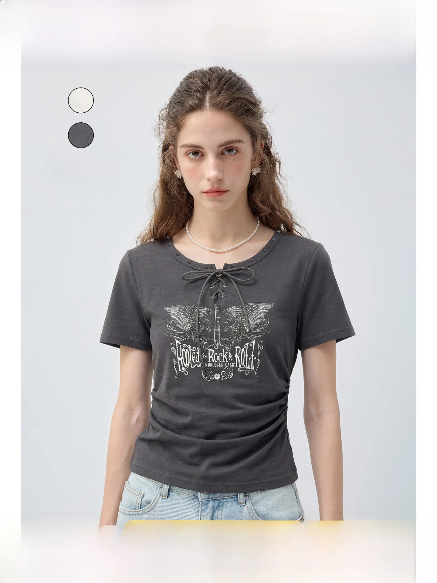 

Rui plus Size round Neck T-Shirt Women's Belted Slimming Short Sleeve Summer New Style for Plump Mm Top Korean Style