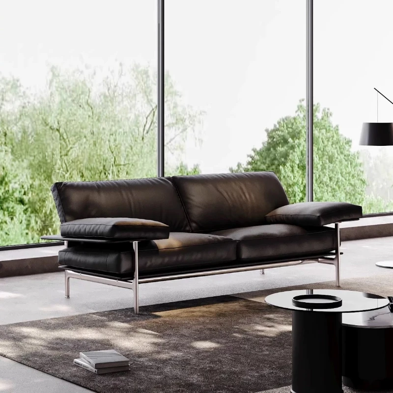 Medieval minimalist suspension leather sofa living room stainless steel straight row sofa
