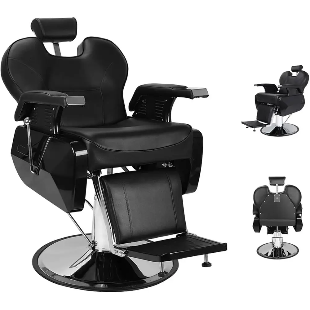Heavy-Duty Reclining Swivel Barber Chair with Adjustable Height, PVC Leather, Footrest, Max 330 lbs, Black