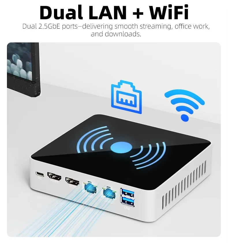 Mini PC Intel N100 16GB DDR4 1TB M.2 NVMe SSD WiFi Bluetooth Windows10/11 Linux TYPE-C 2xHDMI2.0 4K 60Hz 2x 2.5G Ethernet