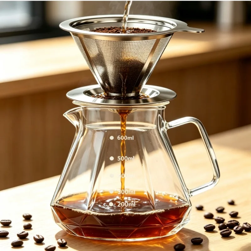 Pour Over Coffee Maker with Permanent Stainless Filter Borosilicate Glass Carafe Coffee Dripper Set for Office Camping Travel
