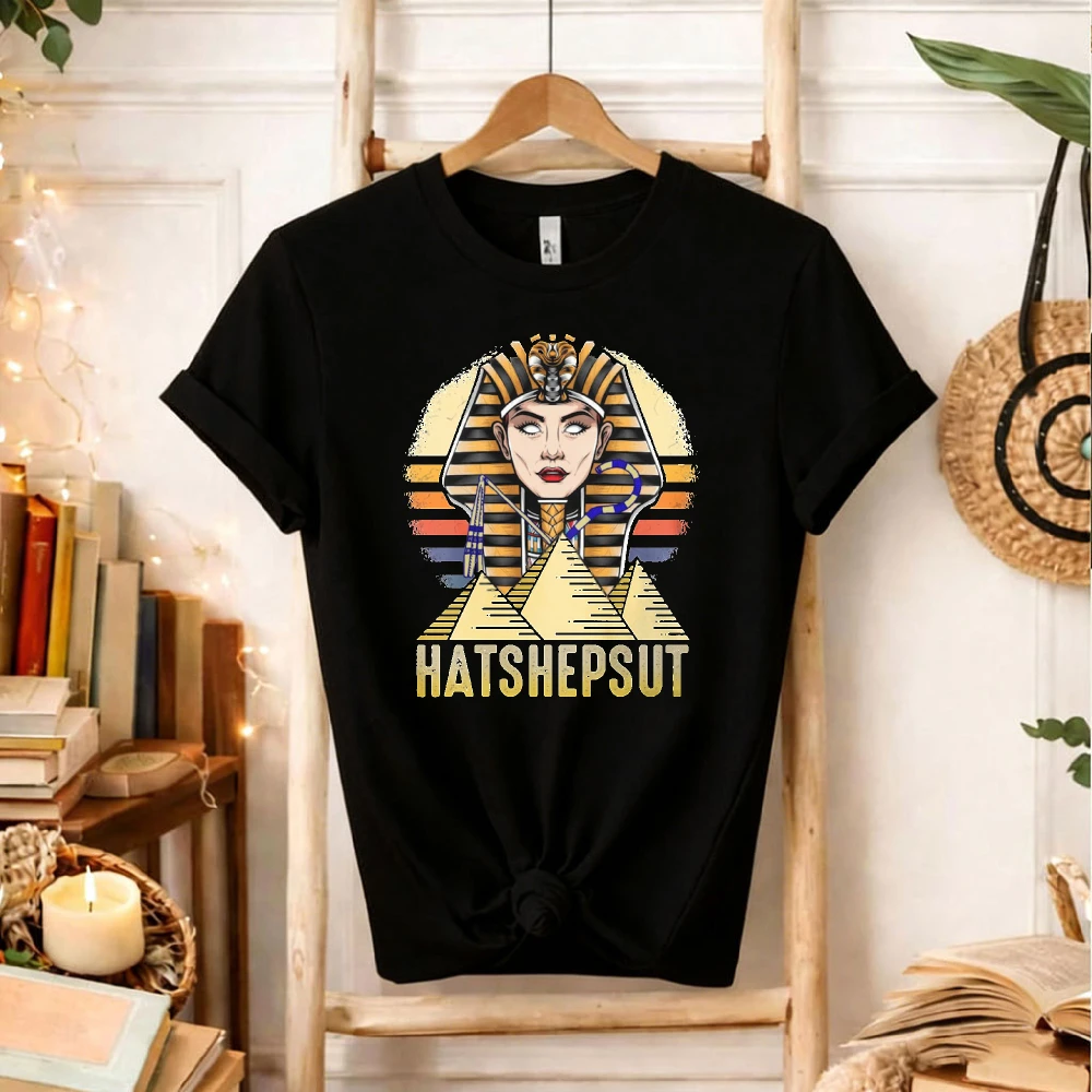 Hatshepsut Female Pharaoh Retro Sunset Pyramid Graphic T-Shirt Vintage Egyptian Queen Distressed Print Cotton Casual Tee Top
