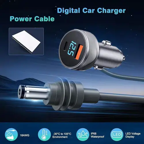 Imagen 2 del producto Adaptador de cargador de coche Starlink Mini USB tipo C, Cable de alimentación CC para vehículos, voltímetro Digital, cargador de extensión impermeable, 3/5M