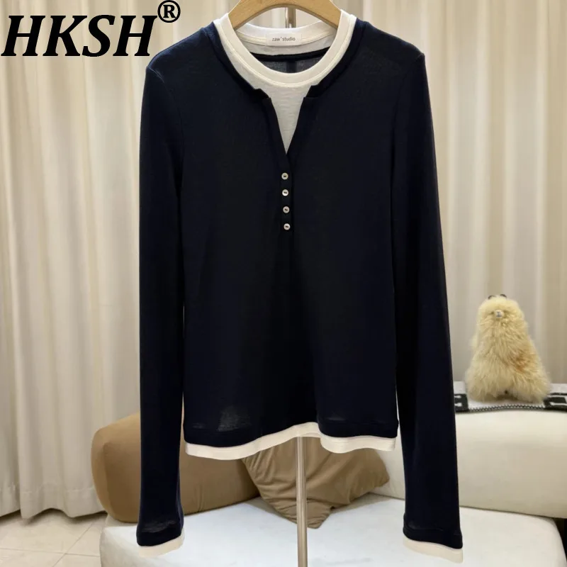 

HKSH Autumn New Women T-Shirt Fake Two-Piece Color Block O-neck Long Sleeved Tees Elegant High Street Stylish Basic Tops HK11401