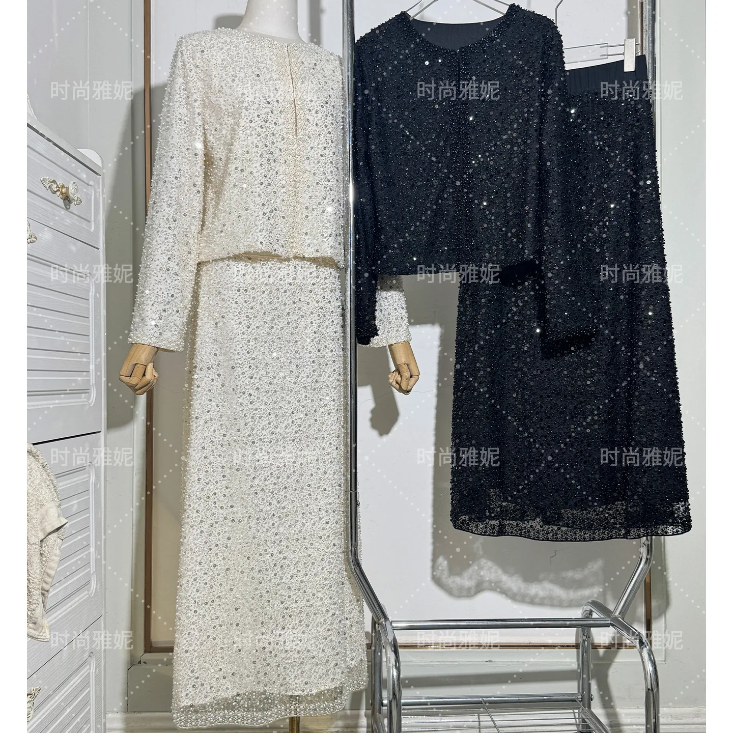 Moda pesada lantejoulas frisado cardigan jaqueta para mulher fino ajuste bodycon saia de comprimento médio na moda casaco de manga longa