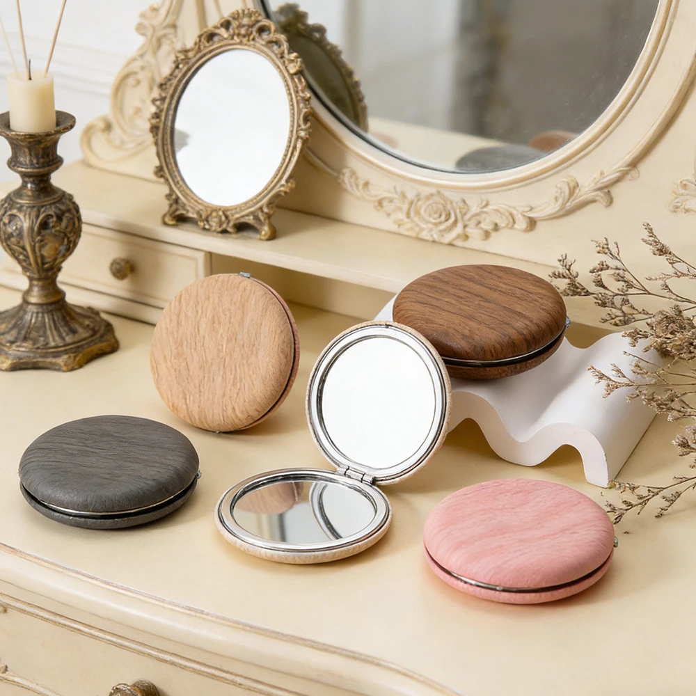 Authentic Vanity Mirror Faux Wood Skin Compact Travel Mirror Lightweight Round Cosmetic Glass Mirror Folding Decorative Mirror