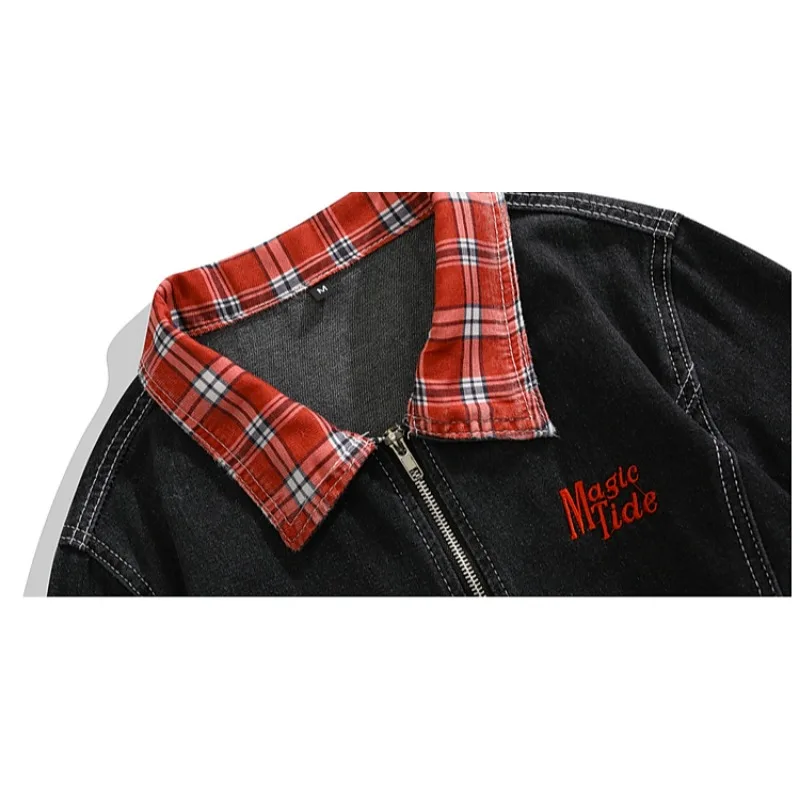 Chic Retro Men\'s Denim Jacket American-Style Plaid Patchwork Casual Coats High Street Hip Hop Jackets Fashion Male Clothes Tops