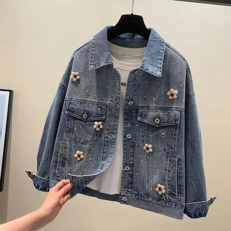 Große Größe Frauen Denim Jacke Frühling Herbst Lange Ärmeln Retro heißer Diamant Jeans Mantel Neue Weibliche Casual Lose Cowboy Outwear Top