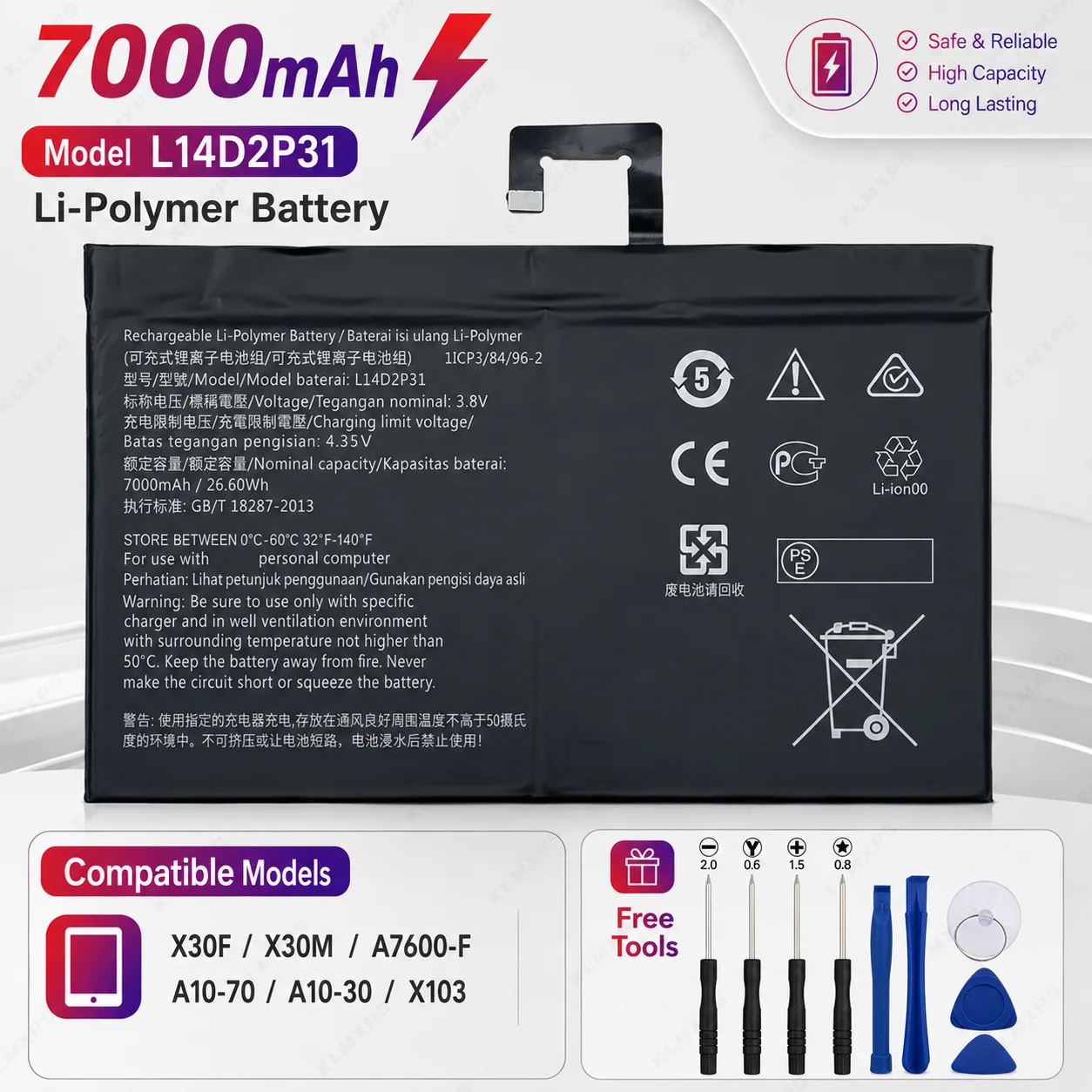 Replacement Battery 7000mAh L14D2P31 For Lenovo Tab 2 A7600-F A10-70F Tab2 A10-70 A10-70L Battery