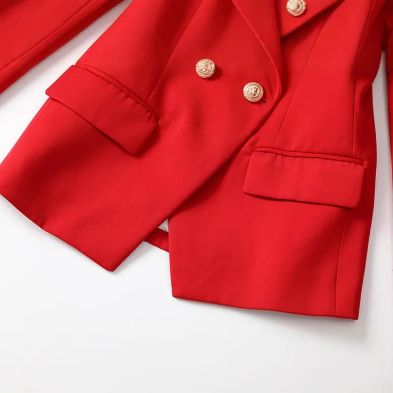 Women's Red Double-Breasted Blazer, Slim Fit Gold Button Spring Autumn Commuter Suit Jacket