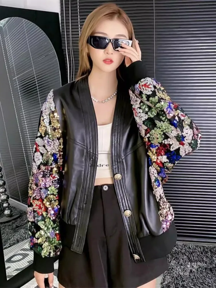 Fashion Women Shiny Colorful Sequined Stage Show Bomber Jacket Batwing Sleeve Spliced Sheepskin Genuine Leather Loose Fit Jacket