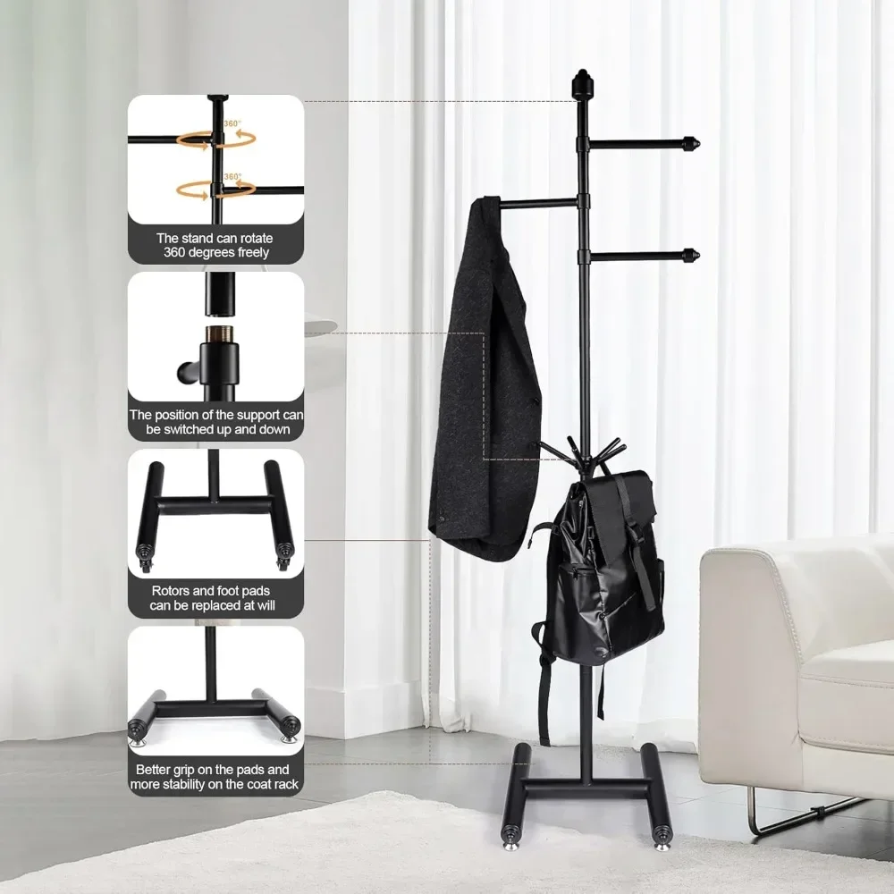 Metal coat rack freestanding, sturdy hat tree adjustable height with movable wheels, suitable for jackets, scarves, school bags